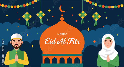 Cartoon Eid al-Fitr vector illustration of mosque and a couple