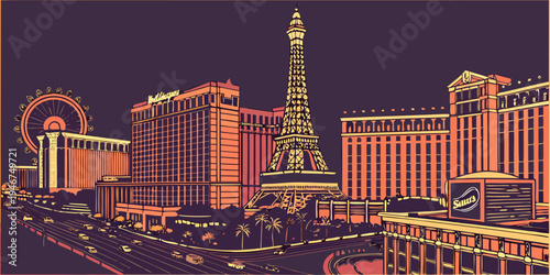 USA, US, U.S, United States - Las Vegas neon casino skyline night panorama glowing entertainment city lights
