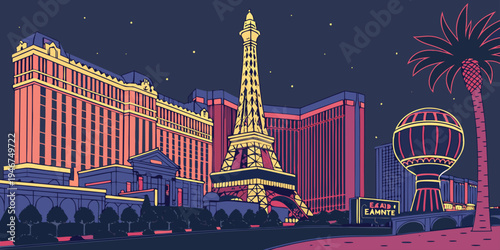 USA, US, U.S, United States - Las Vegas Strip dazzling casino skyline night panorama vibrant neon glow
