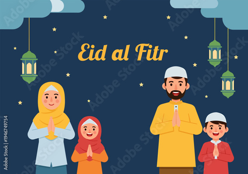 The family celebrated Eid al-Fitr, vector illustration