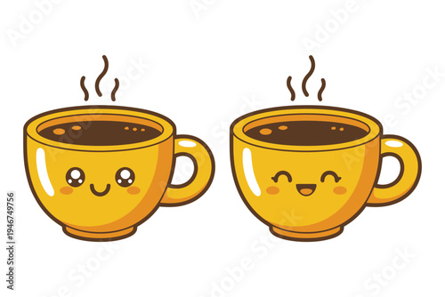 Yellow cartoon coffee cups with smiling faces and steam, cute hot beverage character illustration, happy coffee mug mascot design, cheerful cafe drink concept