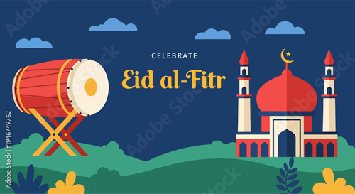 Vector illustration of a hilld and mosque landmark to celebrate eid al-fitr