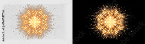 Golden geometric starburst light effect and glowing fractal mandala ornament with intricate sparkling rays, isolated on transparent background, decorative PNG graphic overlay