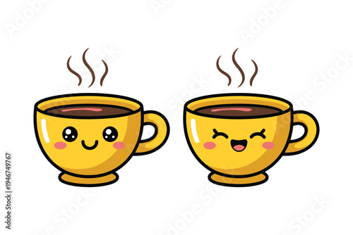 Yellow cartoon coffee cups with smiling faces and steam, cute hot beverage character illustration, happy coffee mug mascot design, cheerful cafe drink concept