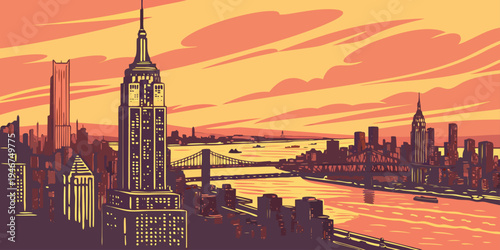 USA, US, U.S, United States - New York City Manhattan skyline golden sunset panorama with glowing skyscrapers and river reflections, cinematic travel poster 
