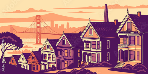 USA, US, U.S, United States - San Francisco colorful Victorian houses skyline sunset panorama travel poster style
