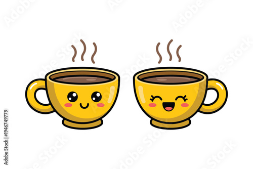 Yellow cartoon coffee cups with smiling faces and steam, cute hot beverage character illustration, happy coffee mug mascot design, cheerful cafe drink concept