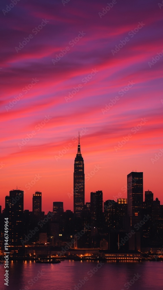 Fototapeta premium Vibrant sunset over iconic skyline.