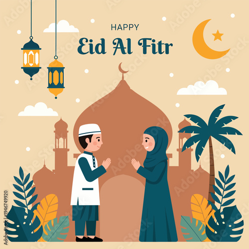 The couple was exchanging apologies on Eid al-Fitr, vector illustration