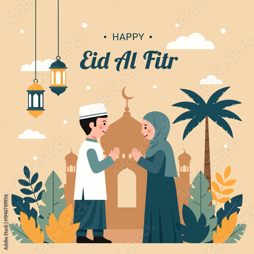 The couple was exchanging apologies on Eid al-Fitr, vector illustration