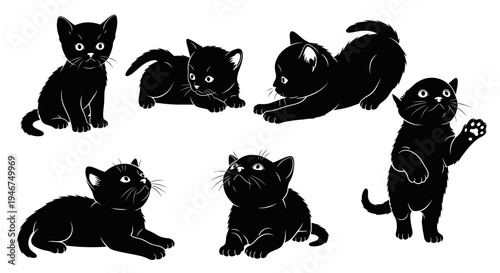 Group of Adorable Black Kittens Playing and Posing in Various Cute Poses