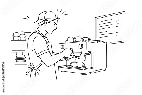 Line art illustration of a barista preparing coffee with an espresso machine, holding a portafilter at a café counter with cups and menu board