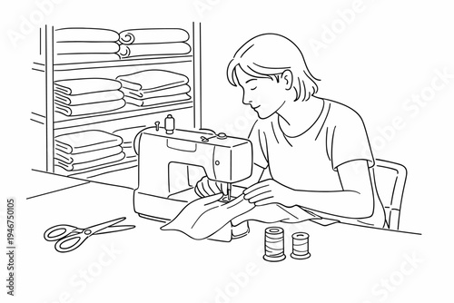 Line art illustration of a woman sewing fabric with a sewing machine at a worktable, surrounded by thread spools, scissors, and folded textiles