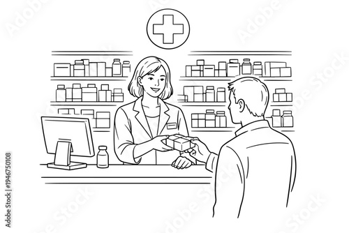 Line art illustration of a pharmacist handing a medicine box to a customer at a pharmacy counter with shelves of medication in the background
