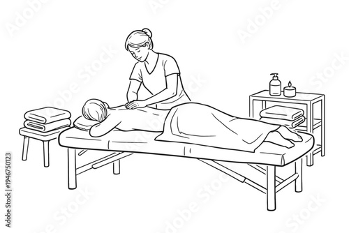 Minimal line illustration of a therapist giving a back massage to a client lying on a treatment table with folded towels and oil bottles nearby