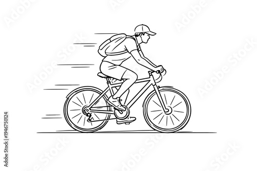 Minimal line art of a fast cyclist riding a road bicycle with backpack and cap, shown in side view with motion streaks on white background