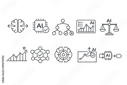 Minimal line icons illustrating artificial intelligence concepts including brain, chip, decision tree, analytics dashboard, ethics scales, automation, and optimization