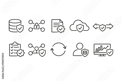 Minimal line icons set illustrating cybersecurity concepts including database protection, cloud security, encryption, certification, user privacy, and monitoring
