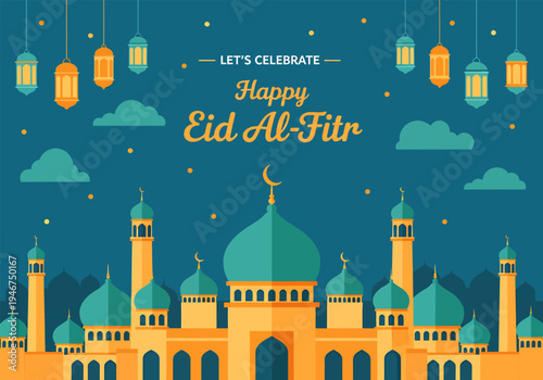 Vector illustration of beautiful mosque to celebrate happy eid al-fitr