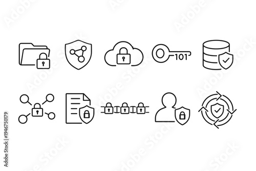 Minimal line icons illustrating cybersecurity concepts including secure folders, encrypted networks, protected cloud storage, authentication keys, and database safety