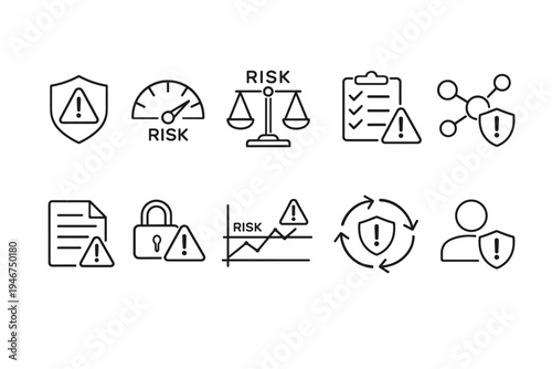 Minimal line icon set illustrating risk management, safety warnings, compliance checklists, data security, assessment metrics, and user alerts
