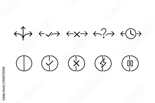 Minimalist black line icons showing directional arrows and circular status symbols including help, time, pause, stop, and lightning indicators