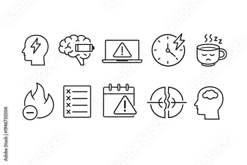 Minimal line icons illustrating stress and workplace burnout symptoms including headache, fatigue, brain fog, deadline pressure, and warnings