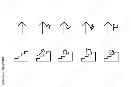 Minimal line icons showing upward arrows and step progression symbols with star, zigzag, lightning, flag, and checkmark for growth goals