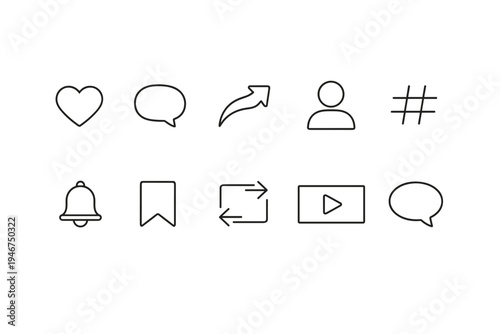 Minimal line social media interface icon set showing heart, comment bubble, share arrow, user profile, hashtag, notification bell, bookmark, repost, play, chat