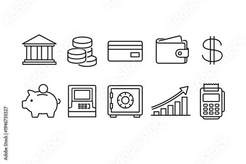 Minimal line icons of financial services showing bank, coins, credit card, wallet, dollar symbol, piggy bank, ATM, safe, growth chart, and calculator