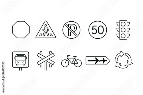 Minimal black outline transportation and traffic symbols set featuring stop, pedestrian crossing, no parking, speed limit, traffic light, bus, rail crossing, bicycle, lanes, roundabout