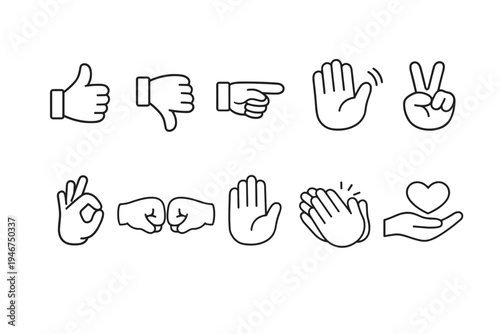 Set of simple outlined hand gesture icons including thumbs up, thumbs down, pointing finger, waving hand, victory sign, okay, fist bump, clapping, and heart