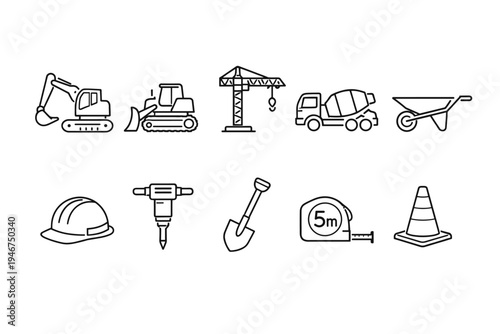Minimal line icons of construction machinery and safety gear including excavator, bulldozer, crane, concrete truck, wheelbarrow, tools