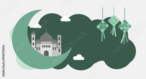 Vector illustration of a green mosque and ketupat banner landscape