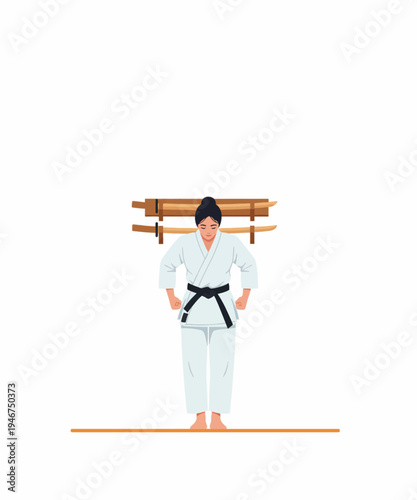 Karate athlete holding bamboo sticks in white gi vector illustration flat design