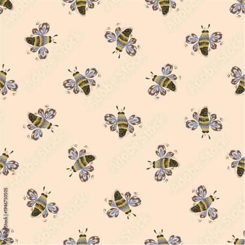 Vector seamless pattern from hand painted bee insects on a light beige background