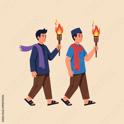 Two men are holding a torch to celebrate Eid al-Fitr, vector illustration