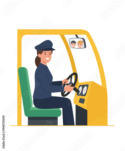 Female taxi driver in yellow cab steering wheel vector illustration flat design