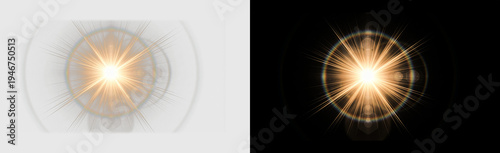 Radiant golden lens flare light burst with glowing sunburst halo and sparkling warm rays, bright starburst flash effect isolated on transparent PNG background as graphic overlay