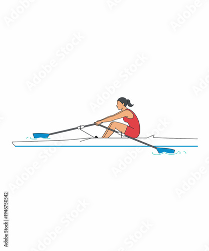 Woman rowing single scull boat on calm water flat design vector illustration