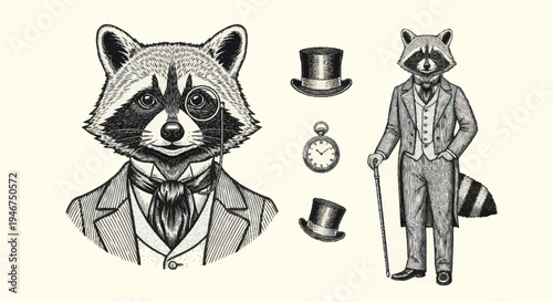 Vintage Raccoon Gentleman Illustration with Accessories.