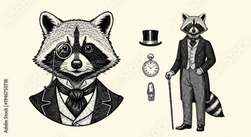 Vintage Raccoon Gentleman Portrait and Full Body Illustration.
