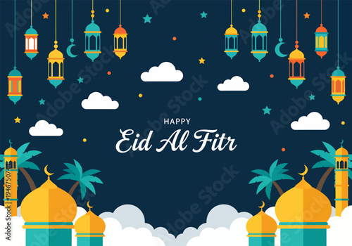 Landscape banner happy eid al-fitr, vector illustration