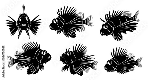 Lionfish Silhouette Collection: Multiple Angles of a Venomous Marine Predator