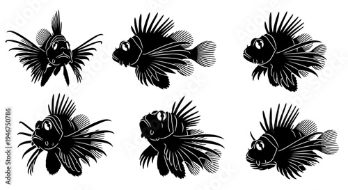 Lionfish Silhouette Collection: Six Variations of Marine Predator in Black and White
