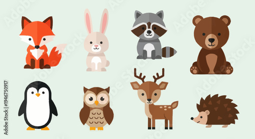 Collection of Cute Cartoon Forest and Arctic Animals.