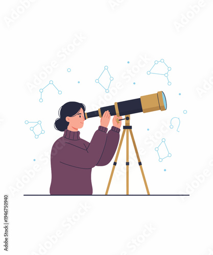 Woman using vintage telescope for stargazing exploration flat design vector illustration