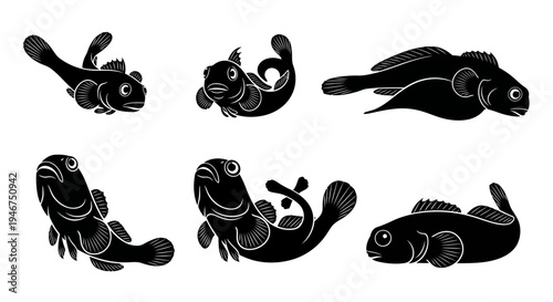 Set of 6 Black and White Stylized Fish Illustrations in Various Poses