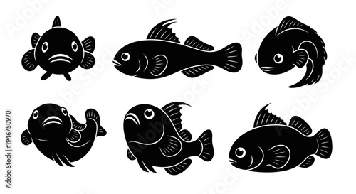 Set of 6 Stylized Black Fish Silhouettes on White Background, Vector Illustrations