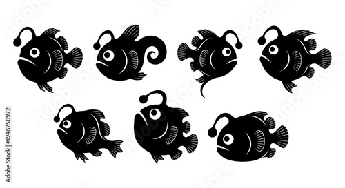 Set of 7 Cute Anglerfish Illustrations, Black and White, Cartoon Style